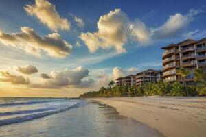Luxury Resort on Sandy Beach with Ocean Waves and Sunset Sky photo