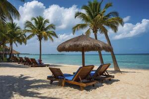 Relaxing Beach Chairs and Palm Trees on Tropical Island Paradise photo