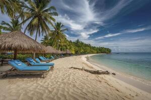 Relaxing Beach View with Lounge Chairs Palm Trees and Tropical Scenery photo
