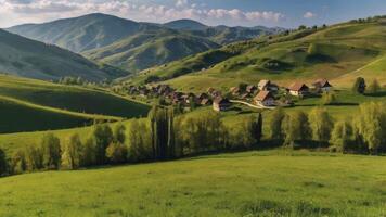 Scenic Village Nestled in Green Rolling Hills in the Countryside photo