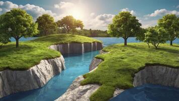 Idyllic Landscape with River, Grass Islands, and Trees Under Bright Sky photo