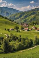 Idyllic Village in Green Valley Surrounded by Lush Rolling Hills photo