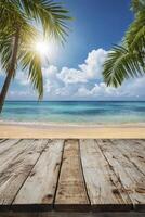 Relaxing Beach View with Palm Trees and a Rustic Wooden Deck photo