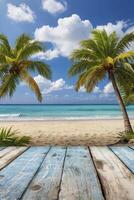 Tropical Beach View with Palm Trees and Turquoise Water From Wood Deck photo