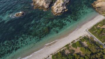 Aerial View of Turquoise Ocean Beach with Rocks and Forest photo