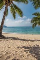 Relaxing Beach Scene with Palm Trees Sandy Shore and Blue Water photo
