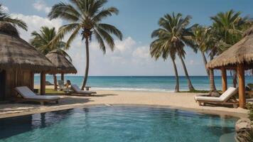 Tropical Beach Resort with Swimming Pool and Palm Trees Relaxing Vacation photo