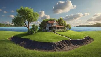House on Island with Green Grass and Serene Lake View photo