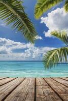 Tropical Beach View with Palm Trees Turquoise Ocean and Wooden Pier photo