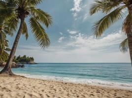 Idyllic Beach Scene with Palm Trees and Turquoise Ocean Waters photo