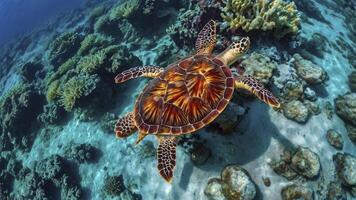 Sea Turtle Swimming Gracefully in Ocean with Coral Reef Background photo