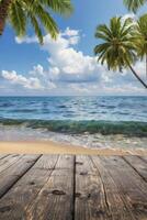 Tropical Beach Scene with Palm Trees Ocean Waves and Wooden Deck photo