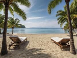 Beach Chairs on Sandy Beach with Palm Trees and Calm Ocean photo