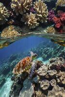 Underwater View of Sea Turtle Swimming Among Colorful Coral Reefs photo