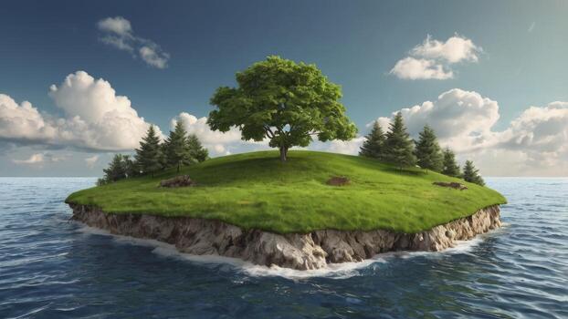 Isolated Green Island with Tree and Pine Trees Surrounded by Water photo