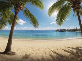 Idyllic Beach Scene with Palm Trees and Turquoise Water Paradise photo
