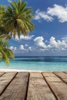 Tropical Beach View with Palm Tree and Wooden Deck Under Blue Sky photo