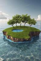 Floating Island with Trees and Pond in Ocean Water Fantasy photo