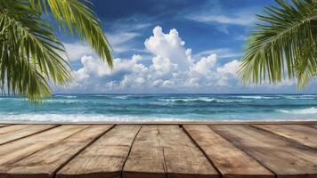 Tropical Ocean View From Wooden Deck with Palm Trees and Cloudy Sky photo