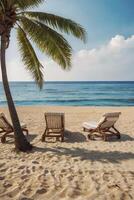 Relaxing Beach Scene with Palm Tree and Empty Deck Chairs photo