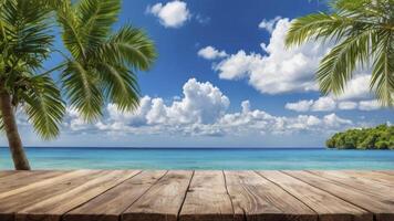 Tropical Beach Scene with Palm Trees and Wooden Deck photo