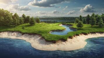 Exploring Sandy Beach with Green Island and Tranquil Waterway photo