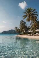 Clear Water Beach with Palm Trees and Deck Chairs Paradise View photo