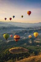 Hot Air Balloons Soaring Over Green Hills and Misty Mountains photo