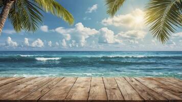 Tropical Ocean View From Wooden Deck with Palm Trees and Blue Sky photo