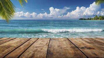 Ocean View From Wooden Deck with Palm Tree Fronds and Cloudy Skies photo