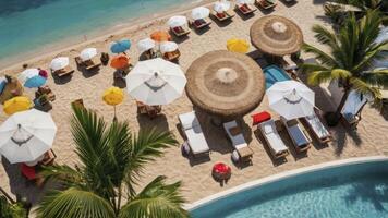 Aerial View of Tropical Beach Resort with Umbrellas and Swimming Pool photo