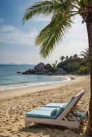 Relaxing Beach Chairs on Sandy Shoreline with Palm Tree in Tropical Paradise photo
