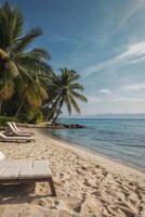 Tropical Beach Scene with Palm Trees and Lounge Chairs for Relaxation photo