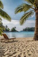 Relaxing Beach Scene with Lounge Chair, Palm Trees, and Turquoise Water photo