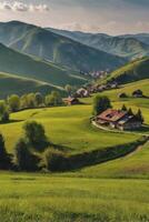 Idyllic Village in Green Valley with Rolling Hills and Cottages photo
