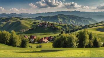 Idyllic Village on Rolling Green Hills Under a Bright Blue Sky photo