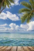 Tropical Beach Paradise View with Blue Sky Palm Trees and Turquoise Water photo