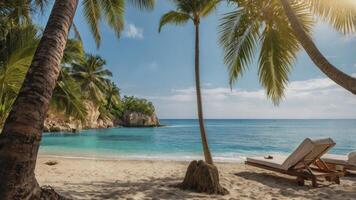 Relaxing Tropical Beach Scene with Palm Trees and Turquoise Water photo