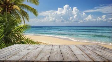 Tropical Beach View From Wooden Deck with Palm Tree and Blue Sea photo