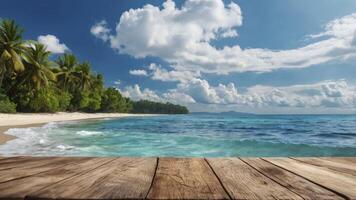 Tropical Beach View From Wooden Deck with Palm Trees and Blue Sky photo
