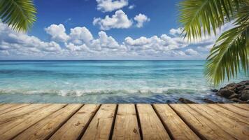 Tropical Beach Scene with Wooden Dock and Palm Leaves Holiday Paradise photo