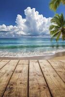 Tropical Beach Scene with Palm Tree and Wooden Deck Platform photo