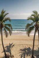 Tropical Beach Scene with Palm Trees Waves and Golden Sand Vacation photo