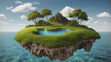 Floating Island with Lake, Trees, and Mountain in a Calm Sea photo