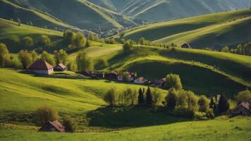 Green Hills Landscape with Small Village and Rural Houses Scenery photo