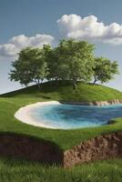 Green Hill with Trees and Water Cutaway View Landscape Concept photo