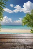 Relaxing Tropical Beach Scene with Wooden Deck Palm Trees and Turquoise Water photo
