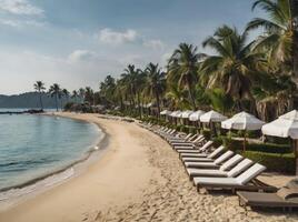 Tropical Beach with Palm Trees and Lounge Chairs for Relaxation photo