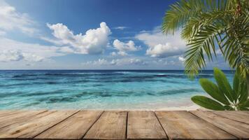 Ocean View From Wooden Dock with Palm Trees and Blue Sky photo