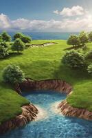Discovering a Unique Landscape with Lush Greenery and a Sparkling Stream photo